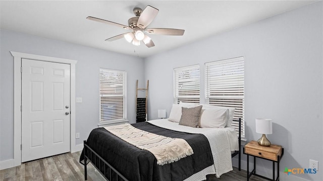 bedroom featuring ceiling fan and wood-type flooring