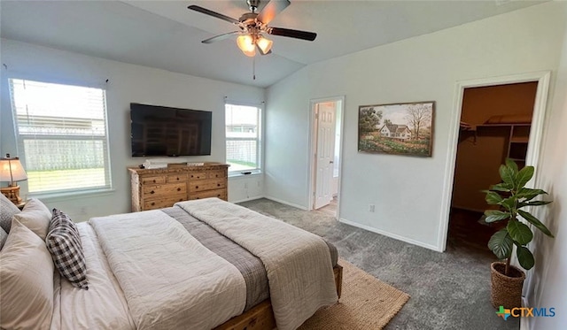 249 Bethann Dr, Temple, TX 76502 - bedroom featuring carpet, a walk in closet, lofted ceiling, and a ceiling fan