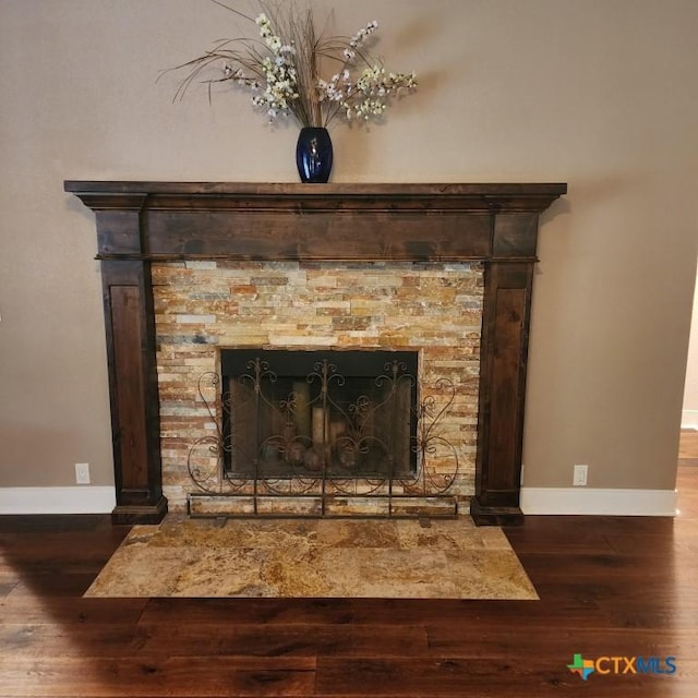 room details with wood-type flooring and a fireplace