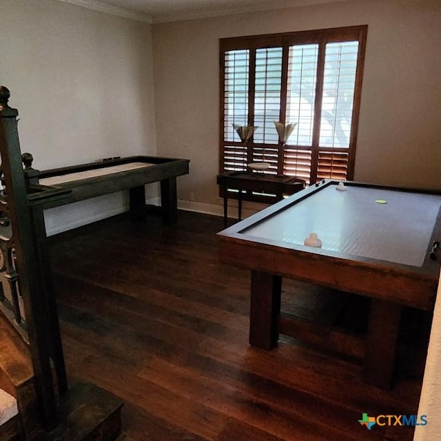 recreation room featuring dark hardwood / wood-style flooring, ornamental molding, and billiards