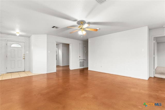 unfurnished living room featuring finished concrete floors, visible vents, and ceiling fan