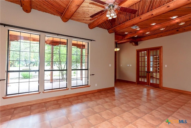 9776 Arroyo Dr, Belton, TX 76513 - unfurnished room featuring wood ceiling, beam ceiling, french doors, ceiling fan, and baseboards