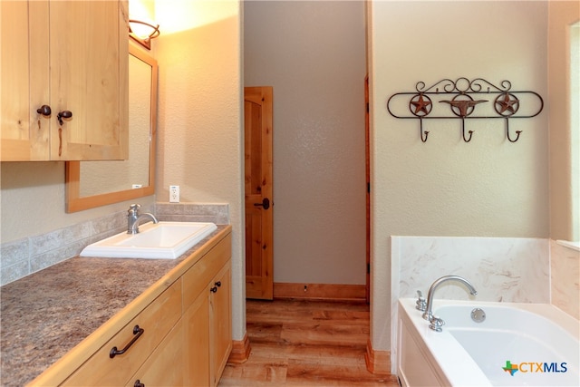 bathroom with hardwood / wood-style floors, a washtub, and vanity