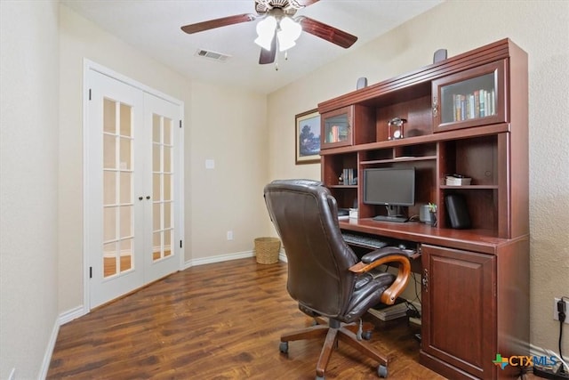 office space with french doors, dark wood-style flooring, baseboards, ceiling fan, and visible vents