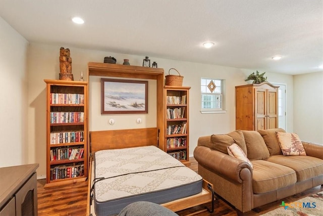 living room with dark wood-style flooring and recessed lighting