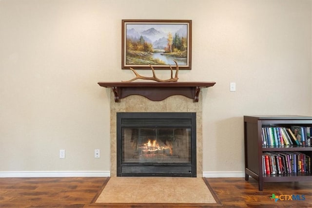 details with a fireplace with flush hearth, baseboards, and wood finished floors