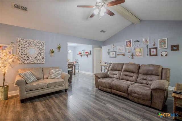 111 Lexington Ln, Victoria, TX 77901 - living room with wood finished floors, visible vents, a ceiling fan, and vaulted ceiling with beams