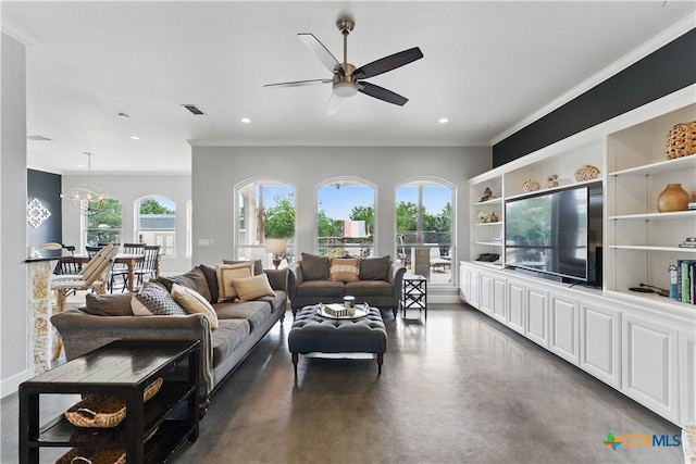 810 Pinnacle Pkwy, New Braunfels, TX 78132 - living room with ceiling fan, finished concrete flooring, ornamental molding, recessed lighting, and built in shelves