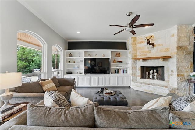 810 Pinnacle Pkwy, New Braunfels, TX 78132 - living room with a ceiling fan, a fireplace, and crown molding