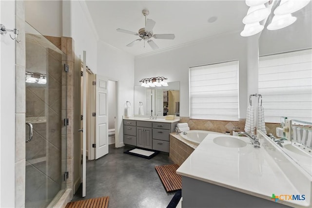 810 Pinnacle Pkwy, New Braunfels, TX 78132 - bathroom with finished concrete floors, a stall shower, vanity, ceiling fan, and a garden tub