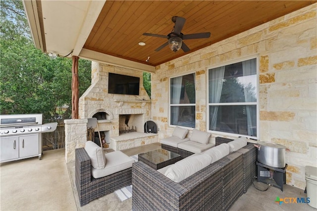 810 Pinnacle Pkwy, New Braunfels, TX 78132 - view of patio / terrace featuring an outdoor living space with a fireplace, area for grilling, and ceiling fan