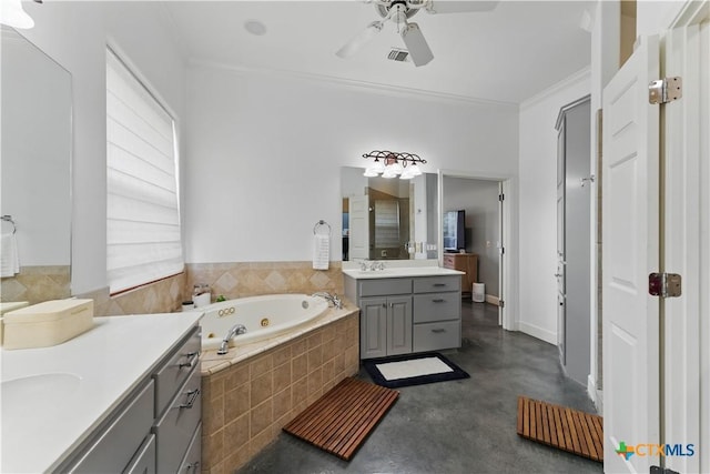 810 Pinnacle Pkwy, New Braunfels, TX 78132 - bathroom with two vanities, concrete flooring, a whirlpool tub, a ceiling fan, and crown molding