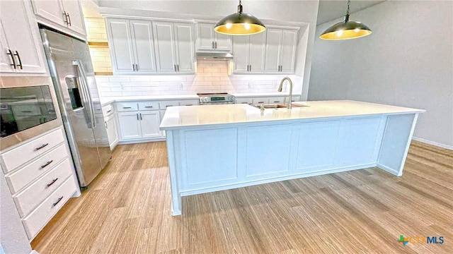 kitchen with light wood finished floors, appliances with stainless steel finishes, light countertops, under cabinet range hood, and a sink