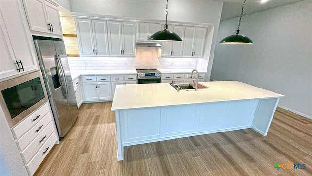 kitchen featuring under cabinet range hood, a sink, appliances with stainless steel finishes, decorative backsplash, and light wood finished floors