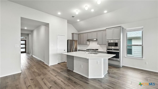 3938 Legend Park, New Braunfels, TX 78130 - kitchen with appliances with stainless steel finishes, gray cabinetry, a kitchen island with sink, light countertops, and decorative backsplash