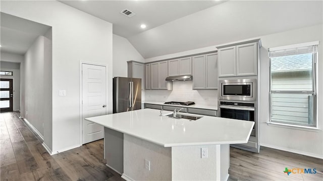 3938 Legend Park, New Braunfels, TX 78130 - kitchen with gray cabinetry, stainless steel appliances, backsplash, vaulted ceiling, and an island with sink