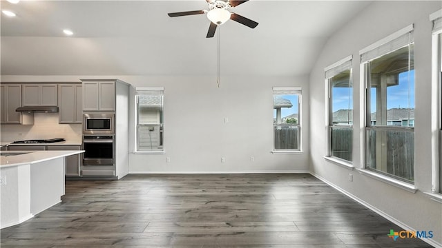 3938 Legend Park, New Braunfels, TX 78130 - kitchen featuring appliances with stainless steel finishes, gray cabinetry, vaulted ceiling, under cabinet range hood, and a ceiling fan