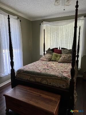 bedroom with dark hardwood / wood-style flooring, ornamental molding, and a textured ceiling