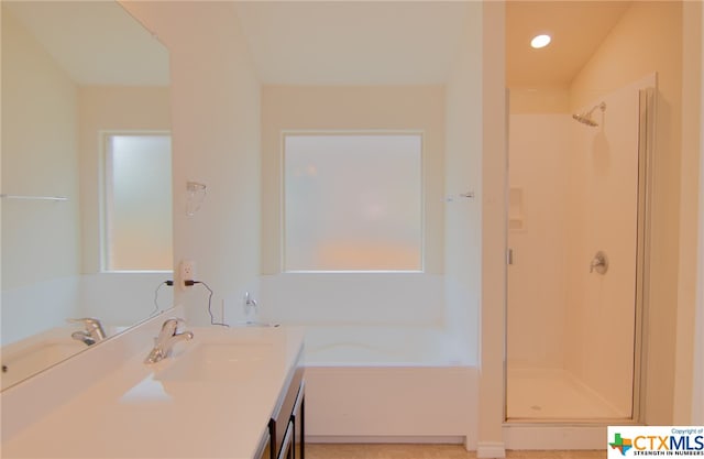 bathroom with vanity and separate shower and tub