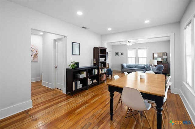 104 E Stayton Ave, Victoria, TX 77901 - dining room featuring baseboards, visible vents, recessed lighting, ceiling fan, and hardwood / wood-style flooring