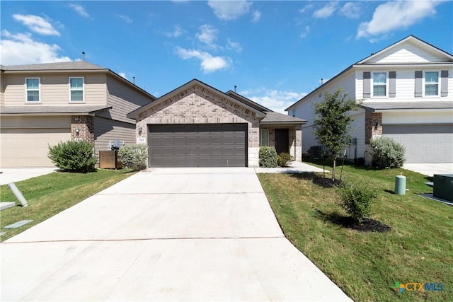 2969 Wolfcreek, New Braunfels, TX 78130 - traditional home with brick siding, concrete driveway, a front yard, and an attached garage