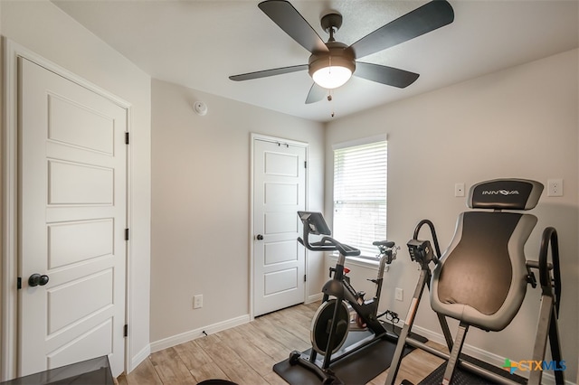 exercise area with light hardwood / wood-style floors and ceiling fan