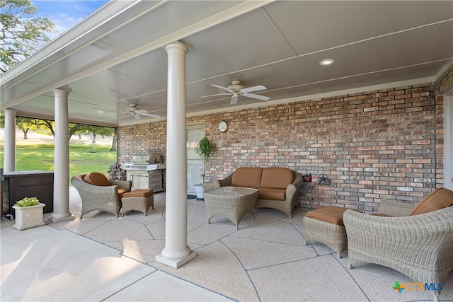 view of patio / terrace with ceiling fan and an outdoor hangout area