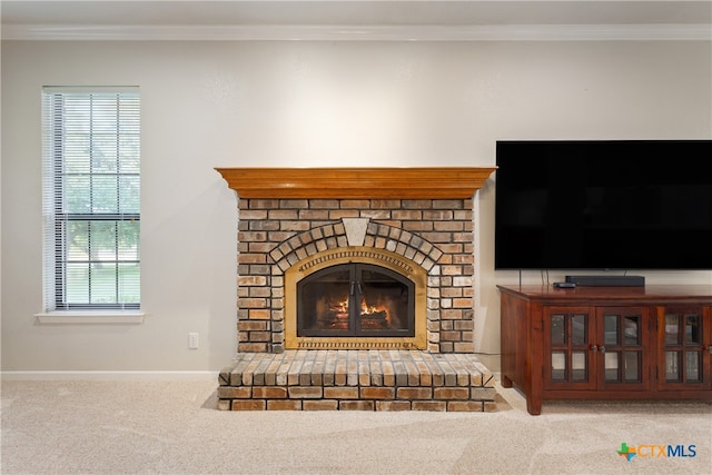 interior details featuring carpet flooring, a fireplace, and crown molding