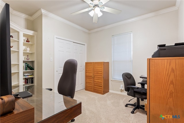 office space featuring ceiling fan, light colored carpet, and ornamental molding