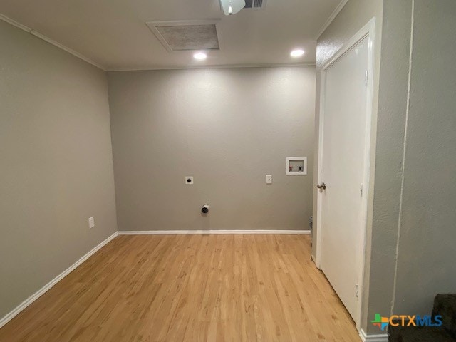 720 S Laurel Ave, Luling, TX 78648 - laundry area featuring washer hookup, light wood finished floors, attic access, hookup for an electric dryer, and crown molding