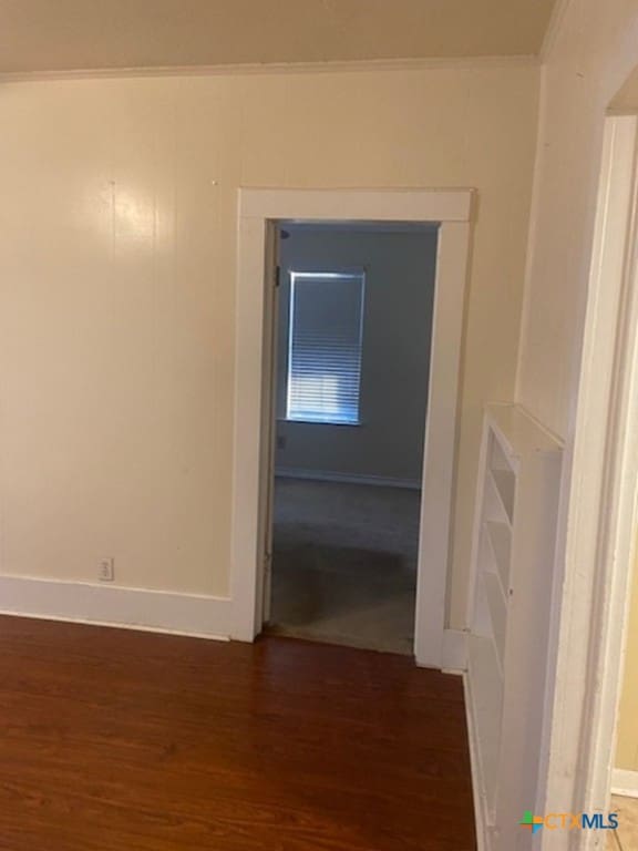 corridor with crown molding and dark wood-type flooring