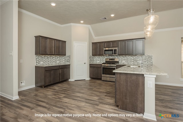 kitchen featuring stainless steel appliances, lofted ceiling, dark hardwood / wood-style flooring, kitchen peninsula, and pendant lighting