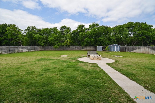 view of yard with a storage unit, an outdoor fire pit, an outbuilding, and a fenced backyard