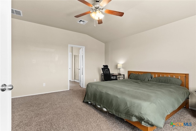 carpeted bedroom featuring lofted ceiling and ceiling fan