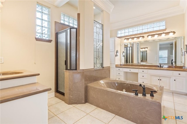 2747 Hester Way, Salado, TX 76571 - full bath with crown molding, tile patterned flooring, a jetted tub, a stall shower, and vanity