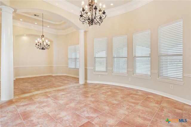 2747 Hester Way, Salado, TX 76571 - spare room featuring a chandelier, decorative columns, a tray ceiling, crown molding, and light tile patterned floors