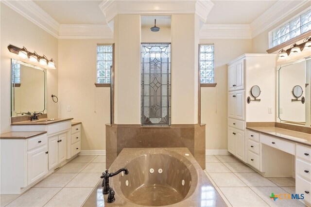 2747 Hester Way, Salado, TX 76571 - full bath featuring tile patterned flooring, a whirlpool tub, crown molding, baseboards, and vanity