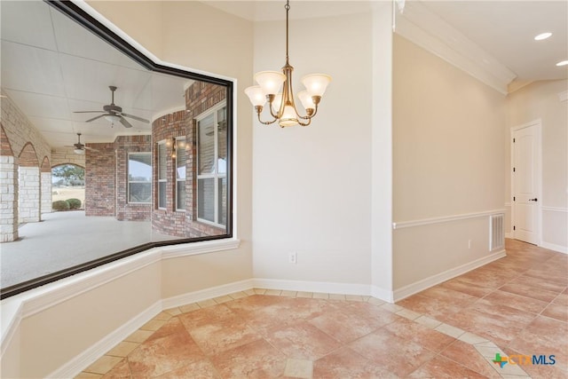 2747 Hester Way, Salado, TX 76571 - unfurnished dining area with ceiling fan, tile patterned flooring, a chandelier, recessed lighting, and baseboards