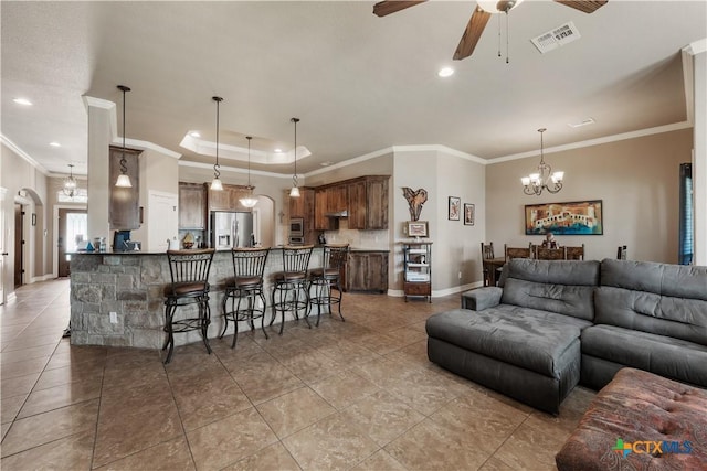 3308 Ten Bits Dr, Belton, TX 76513 - living room with baseboards, ornamental molding, ceiling fan, recessed lighting, and light tile patterned floors