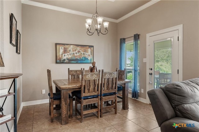 3308 Ten Bits Dr, Belton, TX 76513 - dining room with a chandelier, ornamental molding, baseboards, and light tile patterned floors