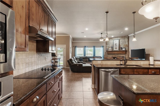 3308 Ten Bits Dr, Belton, TX 76513 - kitchen with dishwasher, a sink, open floor plan, under cabinet range hood, and crown molding