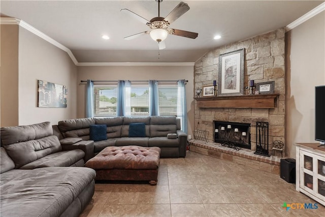 3308 Ten Bits Dr, Belton, TX 76513 - living area with ornamental molding, a ceiling fan, light tile patterned floors, a stone fireplace, and recessed lighting