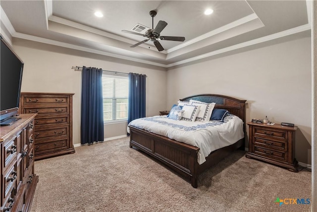 3308 Ten Bits Dr, Belton, TX 76513 - bedroom featuring a raised ceiling, light carpet, crown molding, ceiling fan, and recessed lighting