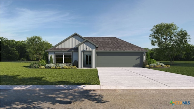 view of front of home featuring a front yard, driveway, an attached garage, a shingled roof, and board and batten siding