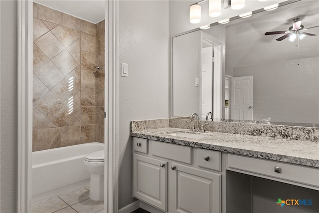 bathroom with toilet, a ceiling fan, vanity, shower / tub combination, and tile patterned flooring