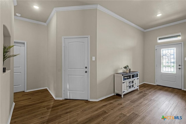 1703 Fossil Trl, Belton, TX 76513 - foyer entrance featuring wood finished floors, ornamental molding, and recessed lighting