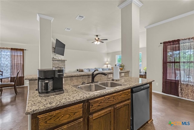 1703 Fossil Trl, Belton, TX 76513 - kitchen with stainless steel dishwasher, visible vents, open floor plan, a sink, and concrete floors