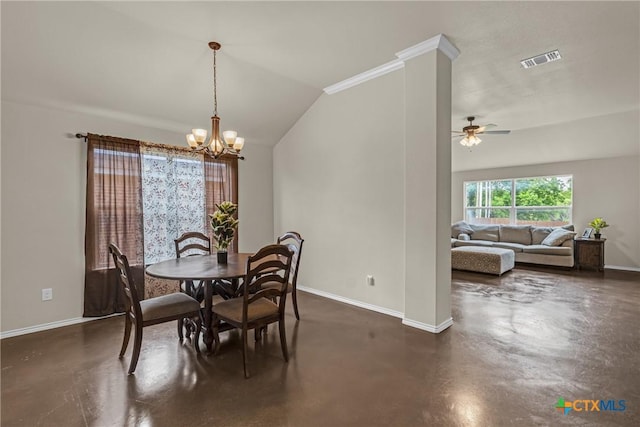 1703 Fossil Trl, Belton, TX 76513 - dining area with visible vents, vaulted ceiling, baseboards, ceiling fan with notable chandelier, and concrete floors