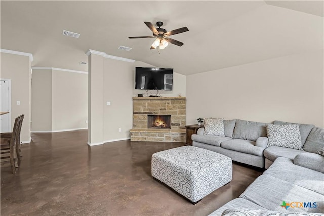 1703 Fossil Trl, Belton, TX 76513 - living room with a ceiling fan, finished concrete floors, visible vents, and lofted ceiling