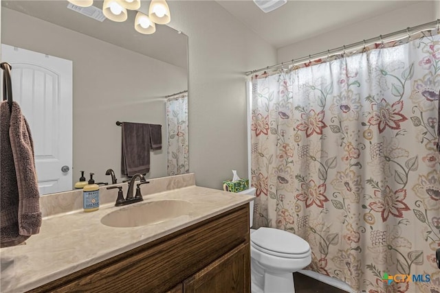 1703 Fossil Trl, Belton, TX 76513 - full bathroom with visible vents, vanity, toilet, a chandelier, and a shower with shower curtain